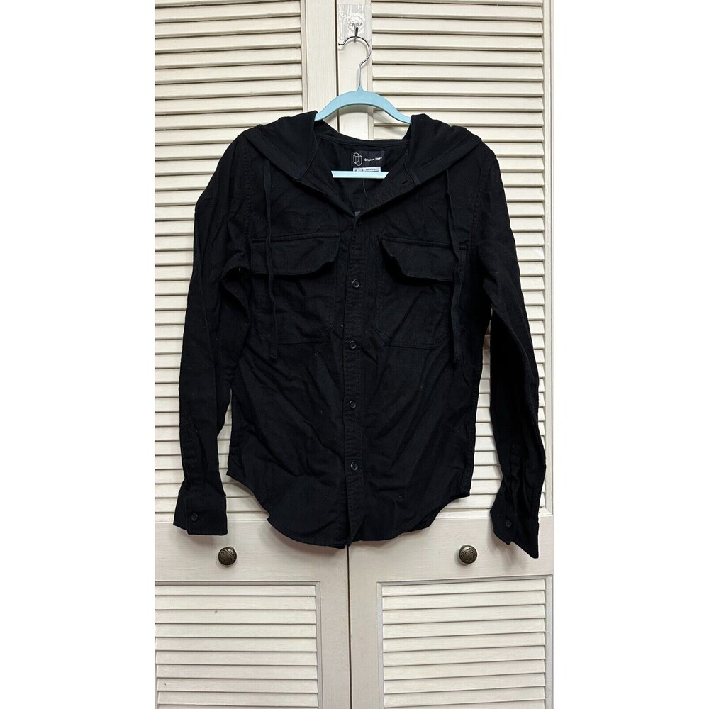 Original Use Mens S Hooded Button Up Pockets Cotton NEW Black SZ S